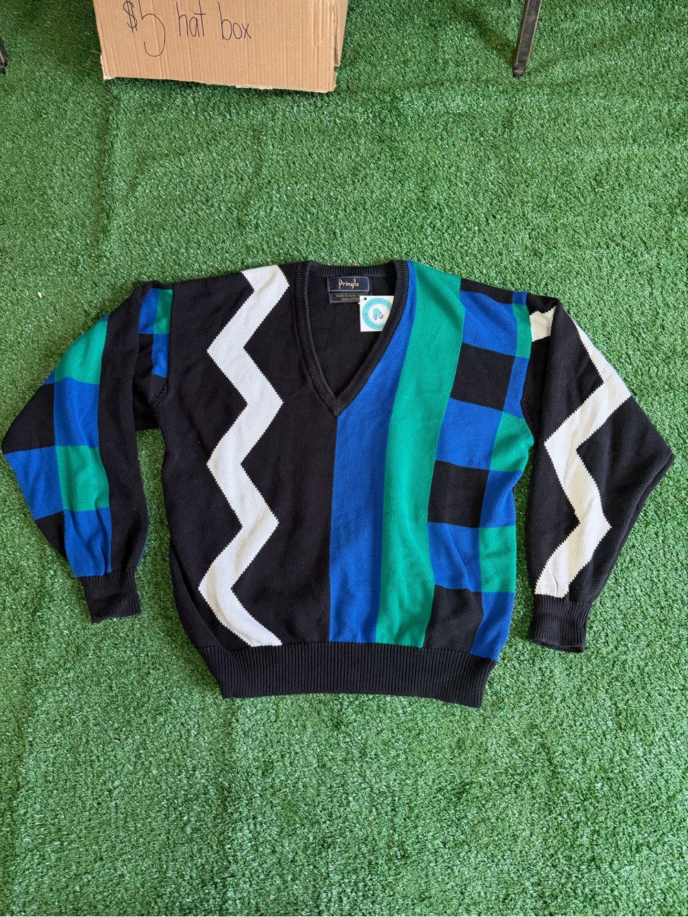 Pringle Black V-Neck Sweater with Blue, Green and White Zigzag Panels